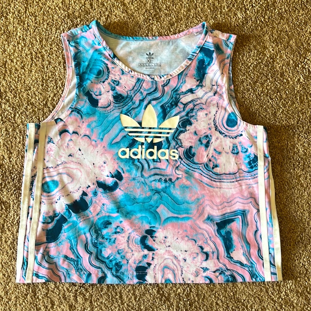 Adidas Youth Girl Pastel Paint Marble Three Stripe Crop Tank Top Size XL